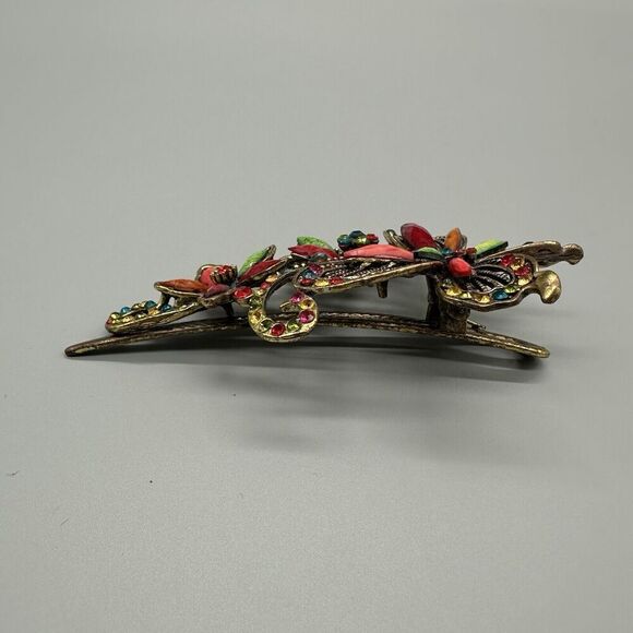 Vintage 1980s Hair Clip Gold Colored Metal Butterfly Colorful Rhinestones Beads - Picture 2 of 7